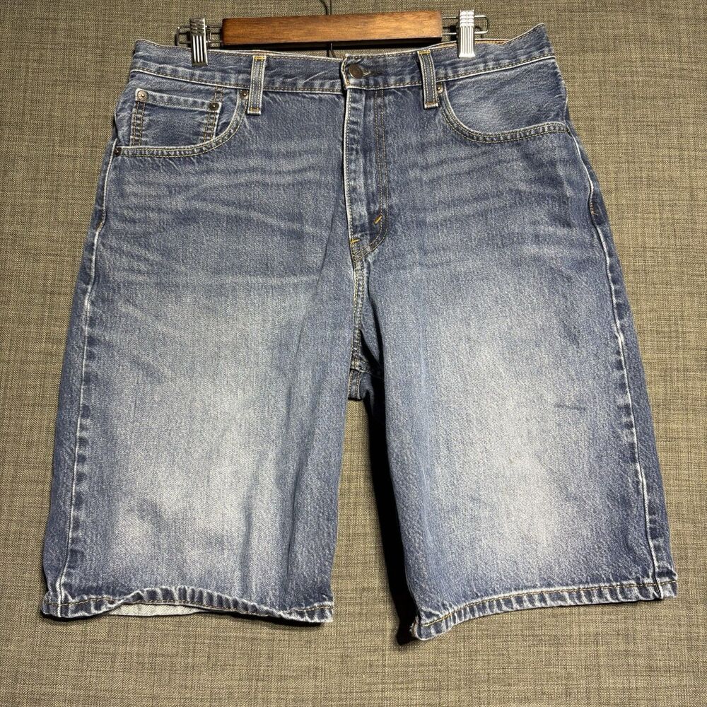 Levi's 569 Denim Shorts Mens 34 Blue Loose Straight Dark Wash Jorts Light Fade